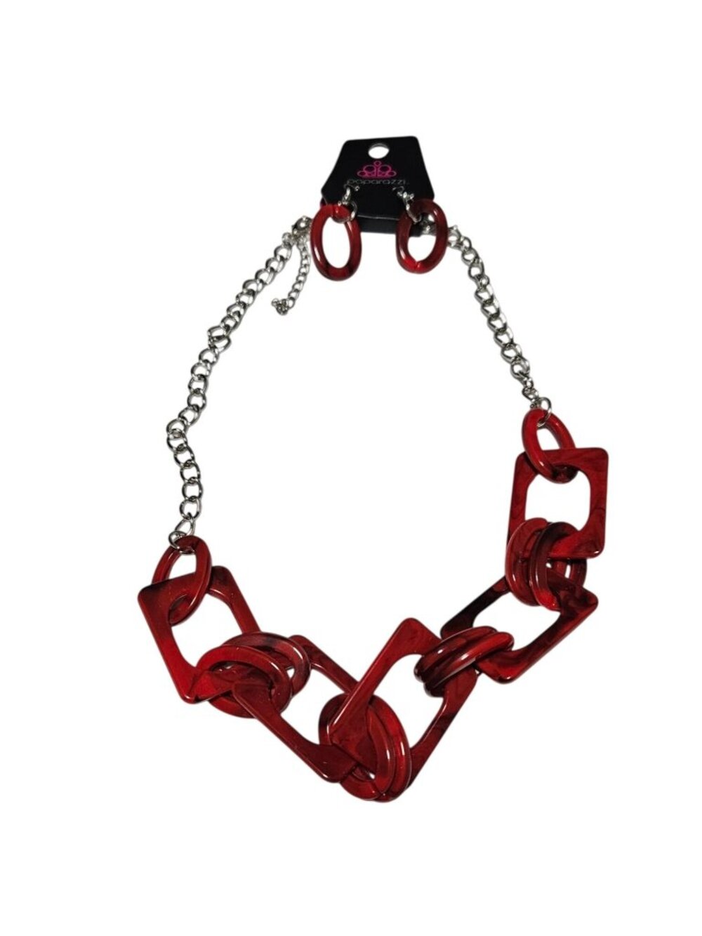 Chunky Acrylic Necklace Earrings Set Red Marbled Geometric Links Statement